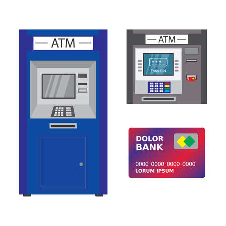 ATM bank terminal, Set of two auto teller machine and credit or debit card template, isolated on white background, flat vector illustrationのイラスト素材