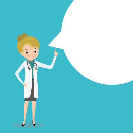 Happy caucasian female doctor and white speech bubble, place for text, flat vector illustrationのイラスト素材