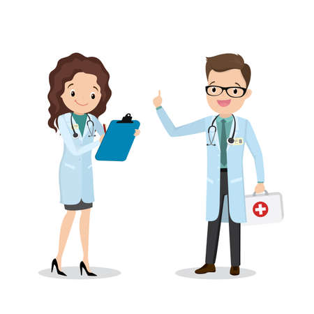 Happy European doctor and nurse, isolated on white background, flat vector illustrationのイラスト素材