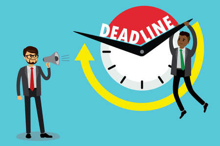 Deadline business concept, Caucasian male boss screams into a megaphone and Sad african american office worker hanging on the clock arrow, flat vector illustrationのイラスト素材