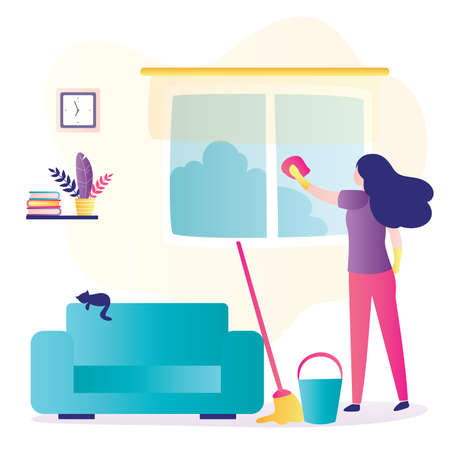 Woman doing cleaning, washing window and floor. Female character back view, mop and bucket nearby. Cleaning service. Room interior with furniture. Flat trendy vector illustrationのイラスト素材