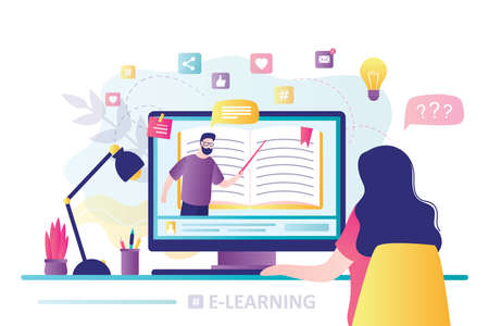 E-learning banner. Online education, home schooling. Modern workplace, man teacher on laptop screen, woman watching online course. Web courses or tutorials concept. Education vlog. Vector illustrationのイラスト素材