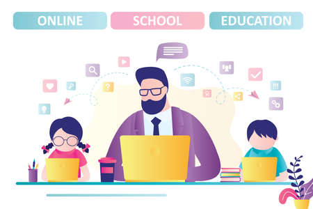 Banner of online school education. Children stay home and engaged on computer. Male teacher or tutor distance learning kids. Girl and boy watching online lesson. Quarantine time. Vector illustrationのイラスト素材