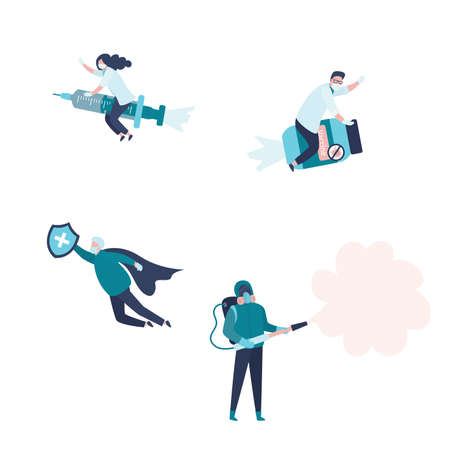 Set of various medical workers. Team of doctors, medical staff and scientists stops spread of virus and disease. Health care concept. Medicine characters in various poses. Flat Vector illustrationのイラスト素材