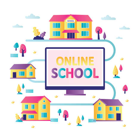 Online school in every house. Accessibility of e-learning and development of internet education. Various city buildings and monitor with online school software. Web courses and homeschooling. Vectorのイラスト素材