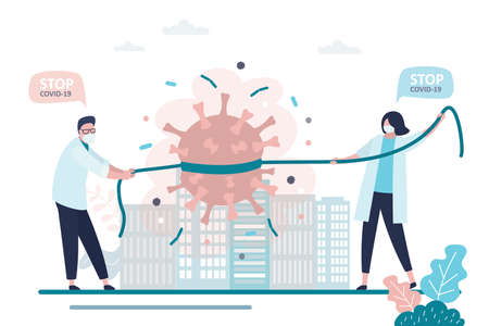 Doctors stops spread of virus and disease. Global pandemic Covid-19. Medical staff in protective masks caught and hold back coronavirus. Health care concept. Urban view. Flat Vectorのイラスト素材