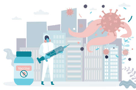 Doctor in protective uniform holding syringe, near vaccine for virus. Vaccination, Medical staff struggling with spread of viral infection and disease. Flat Vectorのイラスト素材