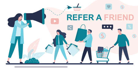 Referral marketing concept. Woman speaker use megaphone for attracting new customers or partners. Refer a friend banner. Shopping and consumerism. Group of people with shopping bags.Flat trendy vectorのイラスト素材