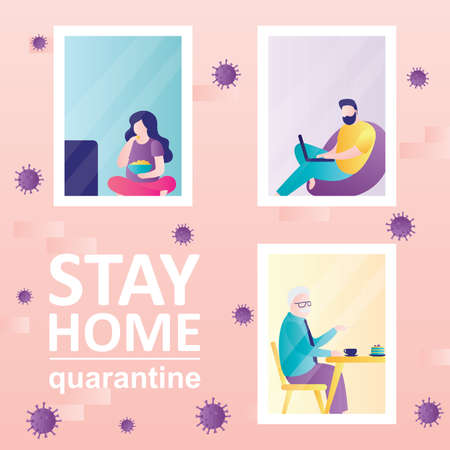 Stay home concept background. Part of building with windows. Various people in their apartments. Self-isolation or quarantine.   Trendy vector illustrationのイラスト素材
