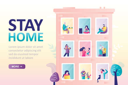 Stay home landing page template. Building with windows. Various people in their apartments. Self-isolation or quarantine. Citizens at home.  Health care concept. Vector illustrationのイラスト素材