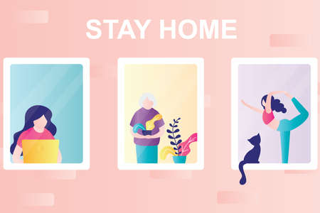 Stay home concept background. Part of building with windows. Various people in their apartments. Self-isolation or quarantine. People doing different things at home. Trendy vector illustrationのイラスト素材