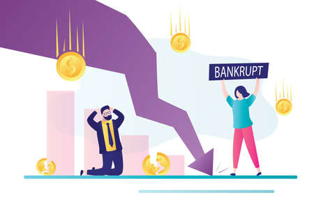 Accountant announces bankruptcy. Frustrated businessman investor kneeling. Economic problems, global crisis and devaluation. Business people and falling chart arrow, stock market crash. Flat vectorのイラスト素材