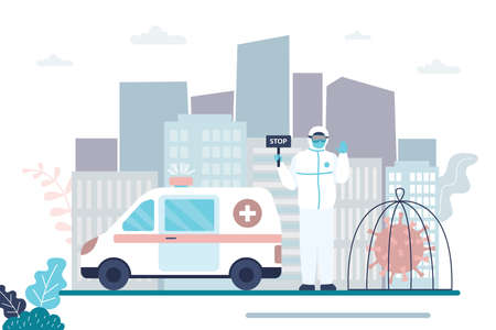 Doctor or medicine staff stops spread of virus and disease. Medical worker in protective uniform. Health care concept. Ambulance van and coronavirus in cell. Pandemic end. Flat vector illustrationのイラスト素材