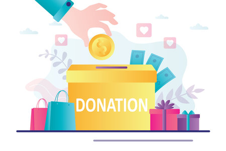 Male hand puts golden coins in a carton box for donations. Concept donate money, sponsorship and charity fundraising. Financial support to those in need. Humanitarian help. Flat vector illustrationのイラスト素材