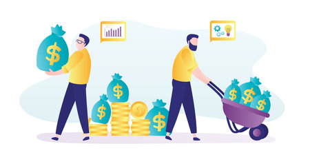 Businessman received loan to new business idea. Man employee with salary. Investor carries money to startup. Male character push cart with money bags. Financial support concept. Vector illustrationのイラスト素材