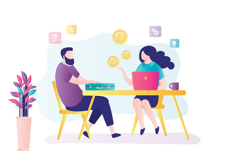 Businessman talking with female financial consultant. Investment planning, banking. Financial advisor, tax specialist. Business consulting, analytics. Growth profits and savings. Vector illustrationのイラスト素材