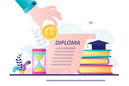 Concept invest in education. Banner of money savings for study. Investment in knowledge learning student, credit scholarship. Stack of books, diploma and university cap. Flat vector illustrationのイラスト素材