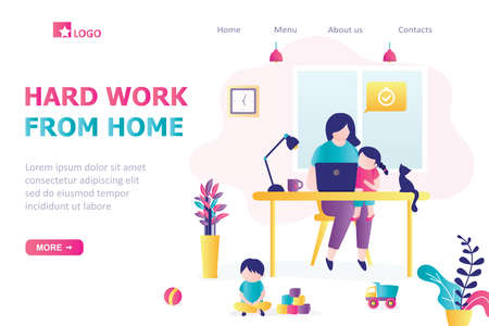 Hard Remote work from home landing page template. Woman at workplace with children. Mom can't work productively. Multitasking concept. Room interior. Family on quarantine. Flat Vector illustrationのイラスト素材