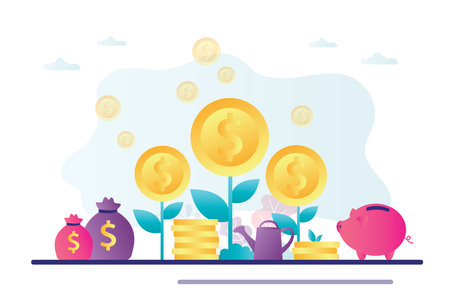 Money trees, piggy bank and bags of coins. Venture fund, investment concept banner. Bank development, economics strategy. Accumulation of money, preservation of capital. Flat vector illustrationのイラスト素材
