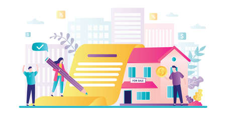 Happy couple signs loan agreement. Buying property in mortgage. Bank clerk gives credit money. Modern house for sale, urban view on background. People characters in trendy style. Vector illustrationのイラスト素材