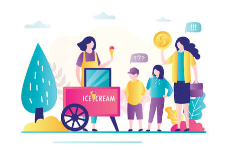Mother and children buy ice cream. Saleswoman selling dessert for people. Local small business, Takeaway trading. Businesswoman with ice cream cart with and customers in park. Vector illustrationのイラスト素材