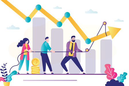 People with rope raise falling chart. Increase in profit and income. Businesspeople working together. Crisis management. Teamwork, office workers or employees. Trendy flat vector illustrationのイラスト素材