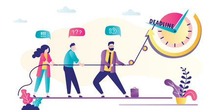 Business people stop time using rope. Big watch, deadline concept. Employees fail and don't finish project. Teamwork, business problems. Time management banner. Flat vector illustrationのイラスト素材