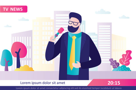 Anchorman or journalist on street, live reporting. Reporter with microphone broadcast breaking news. Male character in suit tells latest tidings on television channel. City view. Vector illustrationのイラスト素材