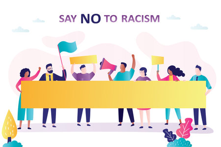 Group of protesting people. Say no to racism - slogan. Protesters on demonstration. Various persons with big placard. Empty board for text, template. Human rights, peaceful protest. Vector illustrationのイラスト素材