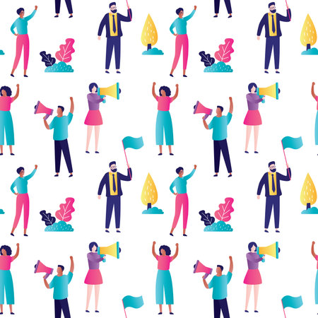 Seamless pattern with protest against Racism. Multicultural people with placards and loudspeaker on protest or rally. Human rights demonstration. Black lives matter movement. Flat vector illustrationのイラスト素材