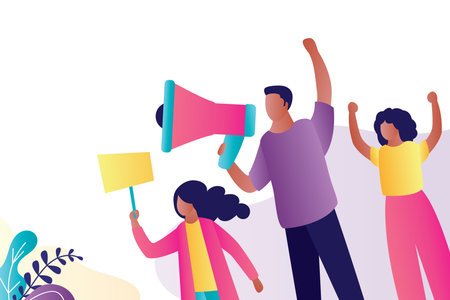 Group of protesters. African american people with placards and loudspeaker. Various characters isolated on white, place for text, template banner. Protest movement. Vector illustrationのイラスト素材