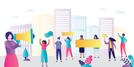 Group of multinational women on demonstration for International Women's Day. Activists with placards on rally. Struggle for women's rights. Concept of feminism and empowerment.Flat vector illustrationのイラスト素材
