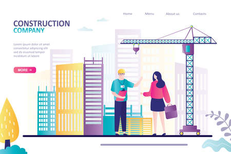 Engineer and female client discuss unfinished project. Building working process with large crane. Customer and foreman on construction site background. Landing page template. Flat vector illustrationのイラスト素材