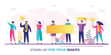 Crowd of protesting people. Various men and women with placards and signs. Protest for Human rights. Union strike. Democratic freedoms, peaceful protest. Horizontal banner. Flat vector illustrationのイラスト素材