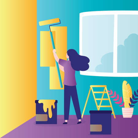 Beautiful woman paints walls. Repair, interior change. Repairman paints walls using paint roller and can of paint. Room decoration. Female character in trendy style. Flat vector illustrationのイラスト素材