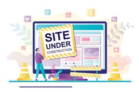 Site under construction- web page. Handsome man holds 404 error. Website not found. Repair work. Problems with internet connection on computer. Banner or web design. Trendy Vector illustrationのイラスト素材
