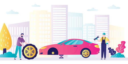 Repairman with wrench fixes car. Male character rolls wheel. Concept of auto service and car repair. Men changes wheel on automobile. Mechanic with instruments checking auto. Flat vector illustrationのイラスト素材
