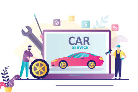 Computer diagnostics of auto malfunctions. Car services concept. Modern vehicle on laptop screen. Repairman and mechanic at work. Repair technology. Flat design vector illustrationのイラスト素材