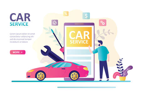 Man stands near huge smartphone and ordering car service online. Landing page on theme auto service. Concept of car repair and auto diagnostics. Website template. Trendy flat vector illustrationのイラスト素材