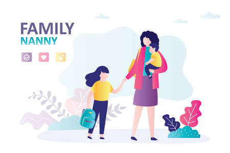 Babysitter with children walks in park. Babysitting service and family nanny. Mom meets daughter from school. Female character holding little boy. Banner in trendy style. Flat vector illustrationのイラスト素材