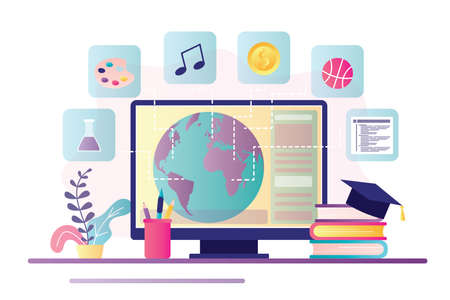 Online education in global world, e-learning concept. Monitor with earth planet. Various education icons, books and graduate hat. Modern workplace. Remote school learning. Flat vector illustrationのイラスト素材