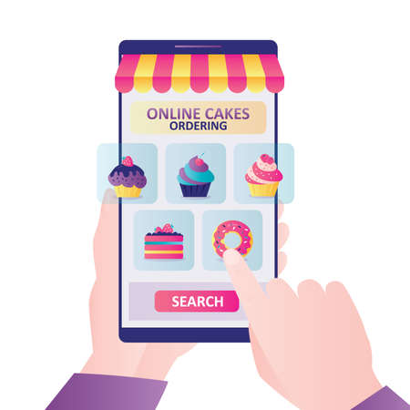 Hands hold smartphone with bakery shop on screen. Different sweets in emarket. Concept of online ordering at bakery and various dessert.Online shopping sweet store. Trendy flat vector illustrationのイラスト素材
