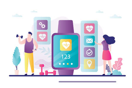 Male character trains with fitness tracker. Woman checks mail on smart watch. Concept of healthy lifestyle, new technology. Smartwatch measure heart rate and counts calories. Flat vector illustrationのイラスト素材