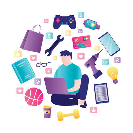 Male character using laptop for shopping in online store. Different objects around man. Concept of internet shopping, e-commerce and marketing. Banner in trendy style. Flat vector illustrationのイラスト素材