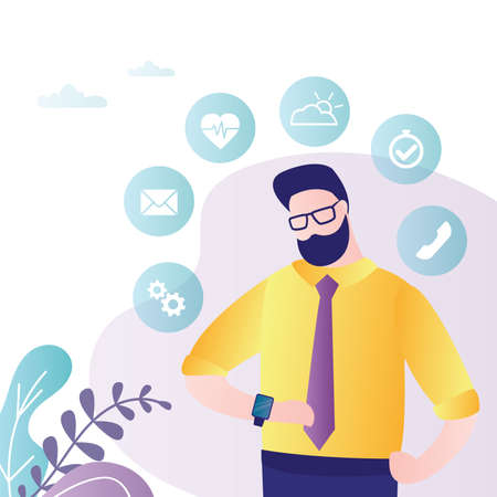 Businessman looks through notifications and messages on smartwatch. Synchronization of watches with smartphone. Wireless technologies, human interaction with gadgets. Flat design vector illustrationのイラスト素材