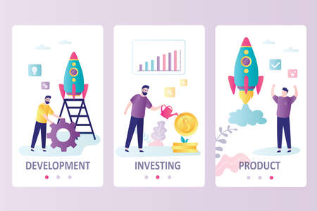 Businessman came up with new project and began to embody idea. Developmenting, investing and receiving product. Onboarding template for smartphone and tablet screens. Website. Flat vector illustrationのイラスト素材