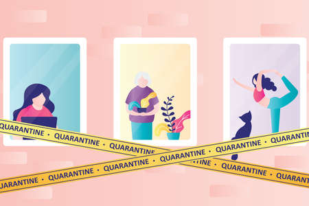 Stay home concept background. Part of building with windows. Various people in their apartments. Self-isolation or quarantine. Yellow warning tapes outdoor. Vector illustrationのイラスト素材