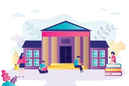 University or college building. Multicultural students studying or relaxing near campus. Concept of higher education institution, academy and education. Banner in trendy style.Flat vector illustrationのイラスト素材