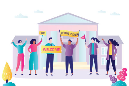 People stand with placards and welcomes freshman. Back to college or university. Group of students stands in front of varsity. Concept of higher education institution, academy.Flat vector illustrationのイラスト素材