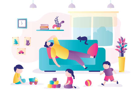 Tired father lies on couch, children play nearby. Playroom interior with furniture. Dad overworked and taking break from household chores. People in trendy style. Flat design vector illustrationのイラスト素材
